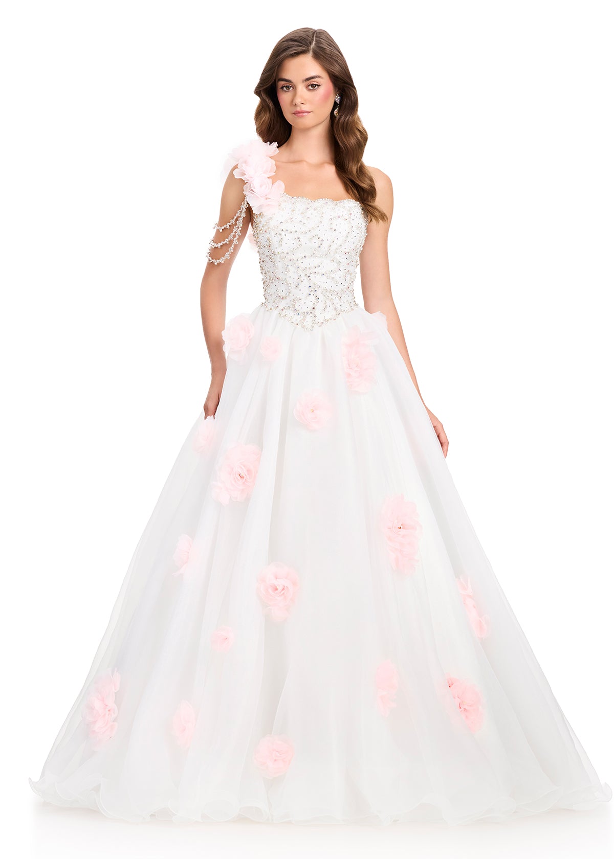 ASHLEYlauren 12426 Gown | Gorgeous ivory one shoulder gown with pink floral on the straps and floral embellishments on the gown 