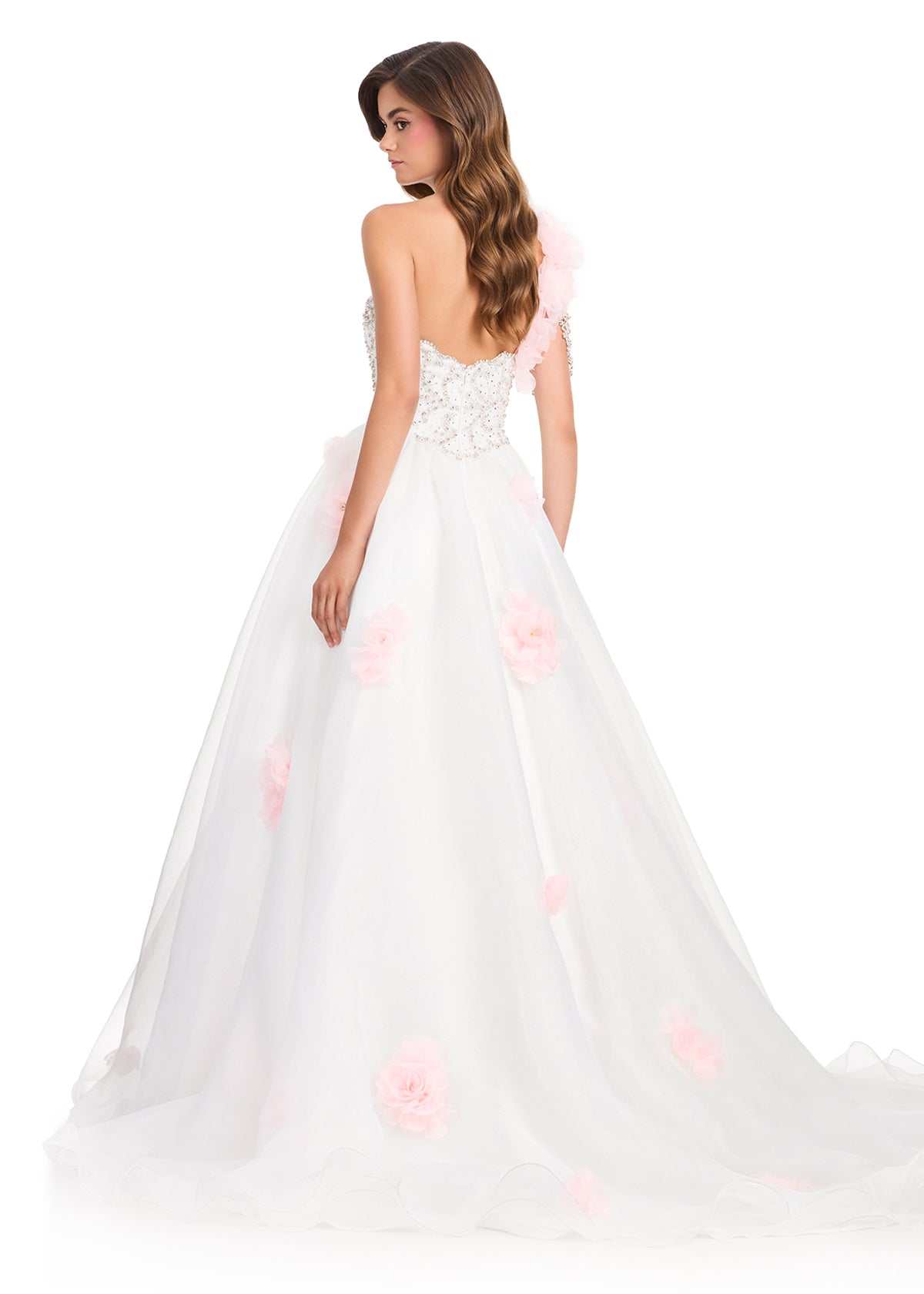 ASHLEYlauren 12426 Gown | One shoulder evening gown with beaded top and floral embellishments on strap and gown 
