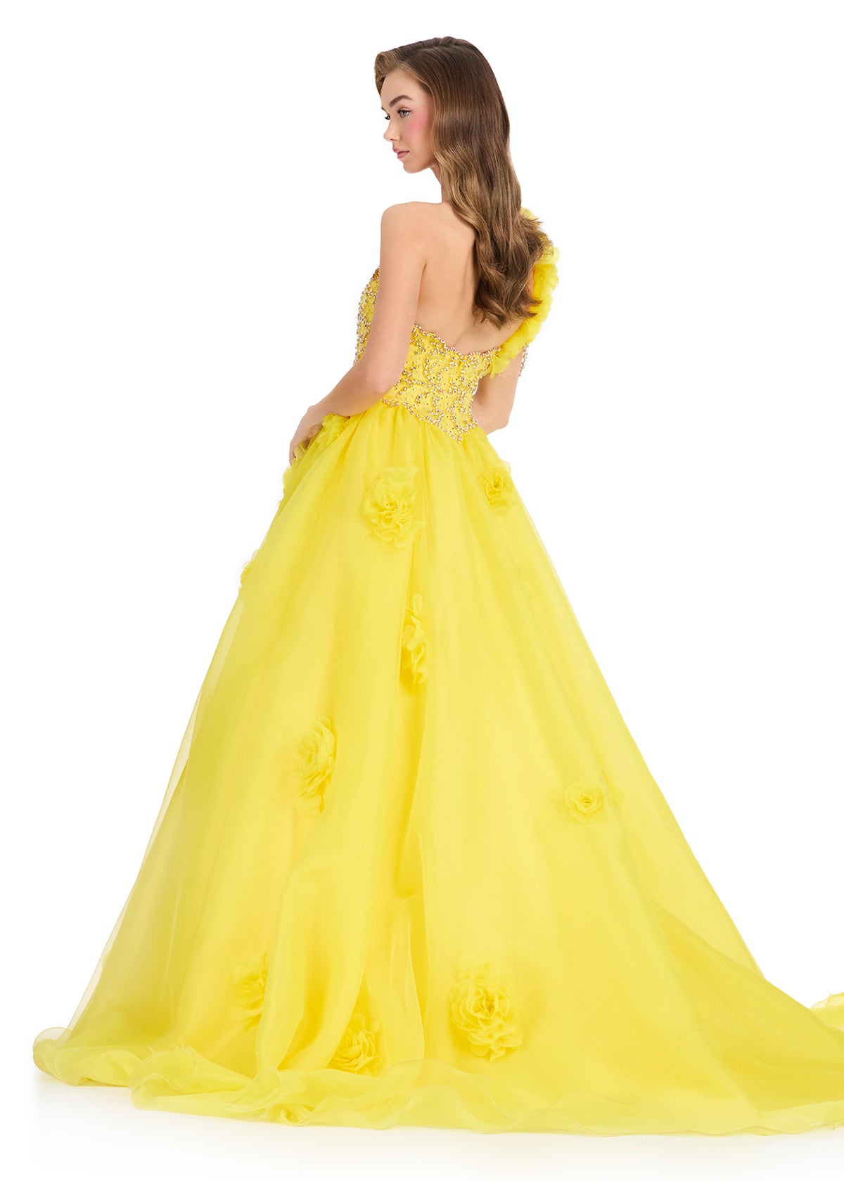 ASHLEYlauren 12426 Gown | Stunning evening gown with one shoulder gown with floral straps and a stoned top 