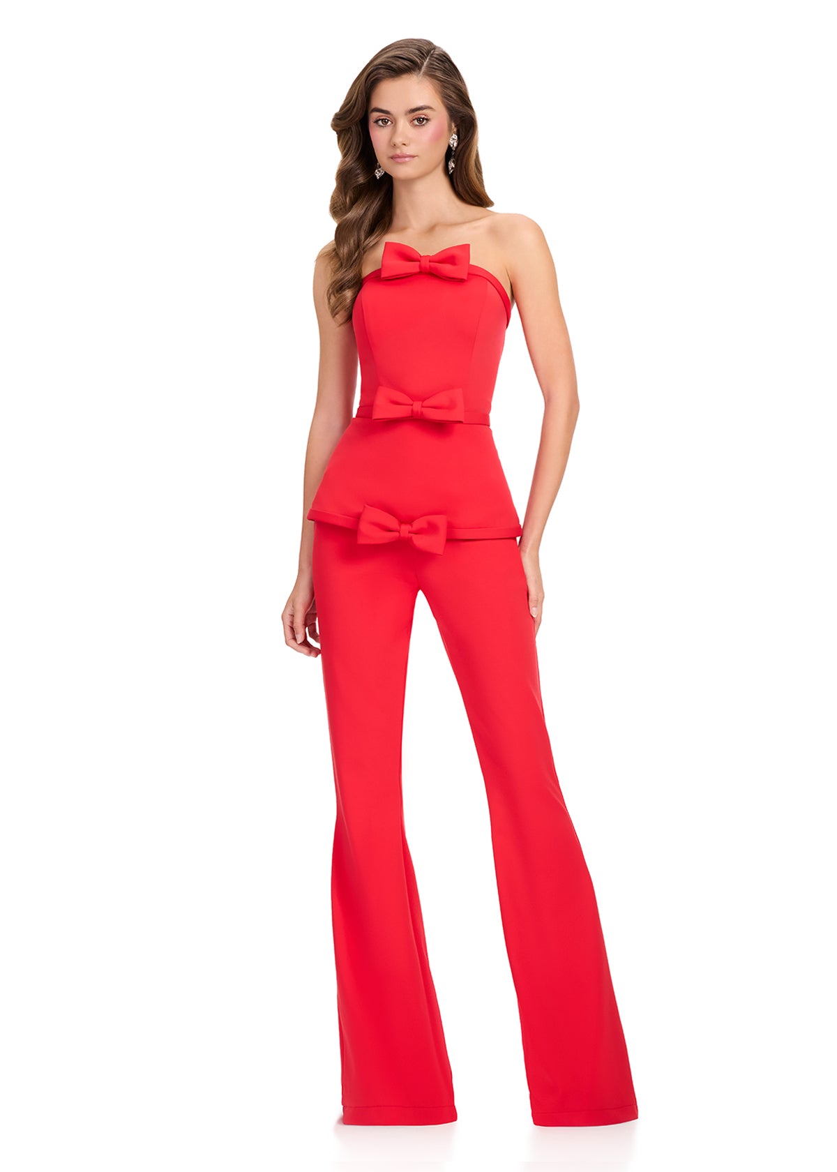 ASHLEYlauren 12427 Jumpsuit | Elegant strapless pantsuit with flare bottoms and three beautiful bows 