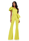 ASHLEYlauren 12428 Jumpsuit | Elegant chartreuse green one shoulder jumpsuit with flare bottoms and bow on sleeve