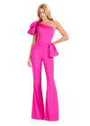 ASHLEYlauren 12428 Jumpsuit | Hot pink one shoulder jumpsuit with bow on strap zip up flare bottoms