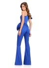 ASHLEYlauren 12428 Jumpsuit | Elegant blue jumpsuit with elegant belt and bow on strap one shoulder strap