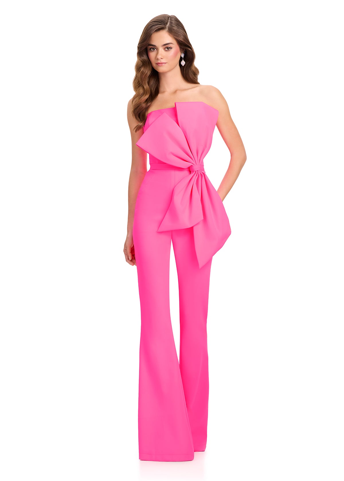 ASHLEYlauren 12429 Jumpsuit | Hot pink jumpsuit with stunning bow on the front zip up 