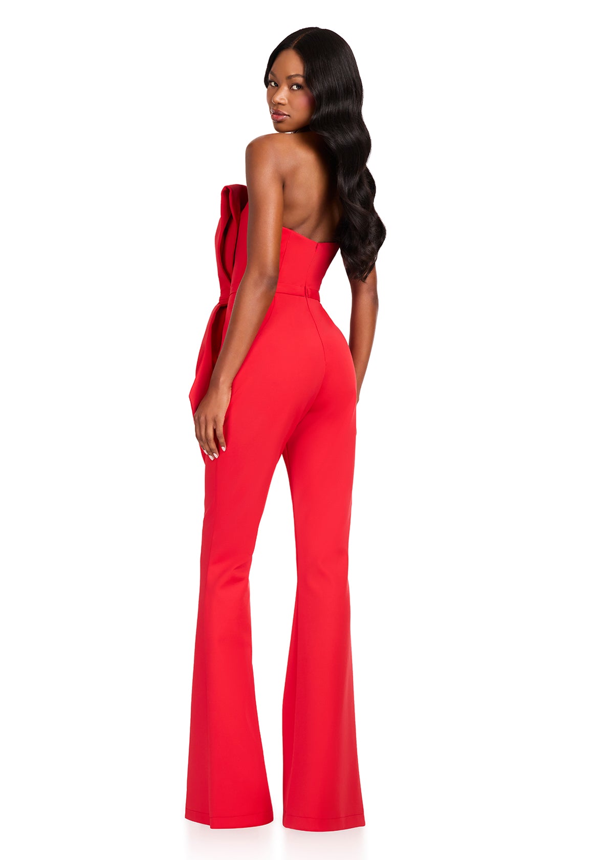 ASHLEYlauren 12429 Jumpsuit | Vibrant red stunning jumpsuit with elegant bow on the front 