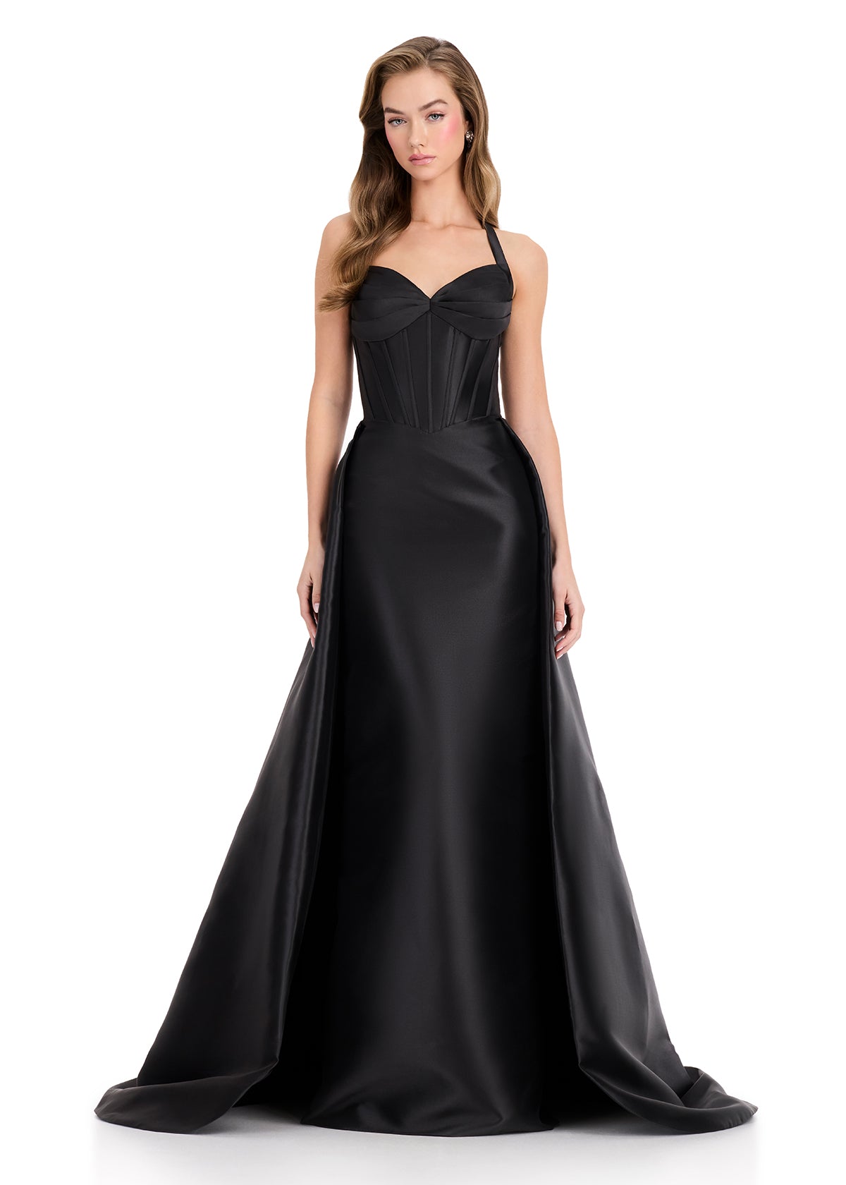 ASHLEYlauren 12430 Gown | Black elegant formal evening gown with zip up back and elegant overskirt 