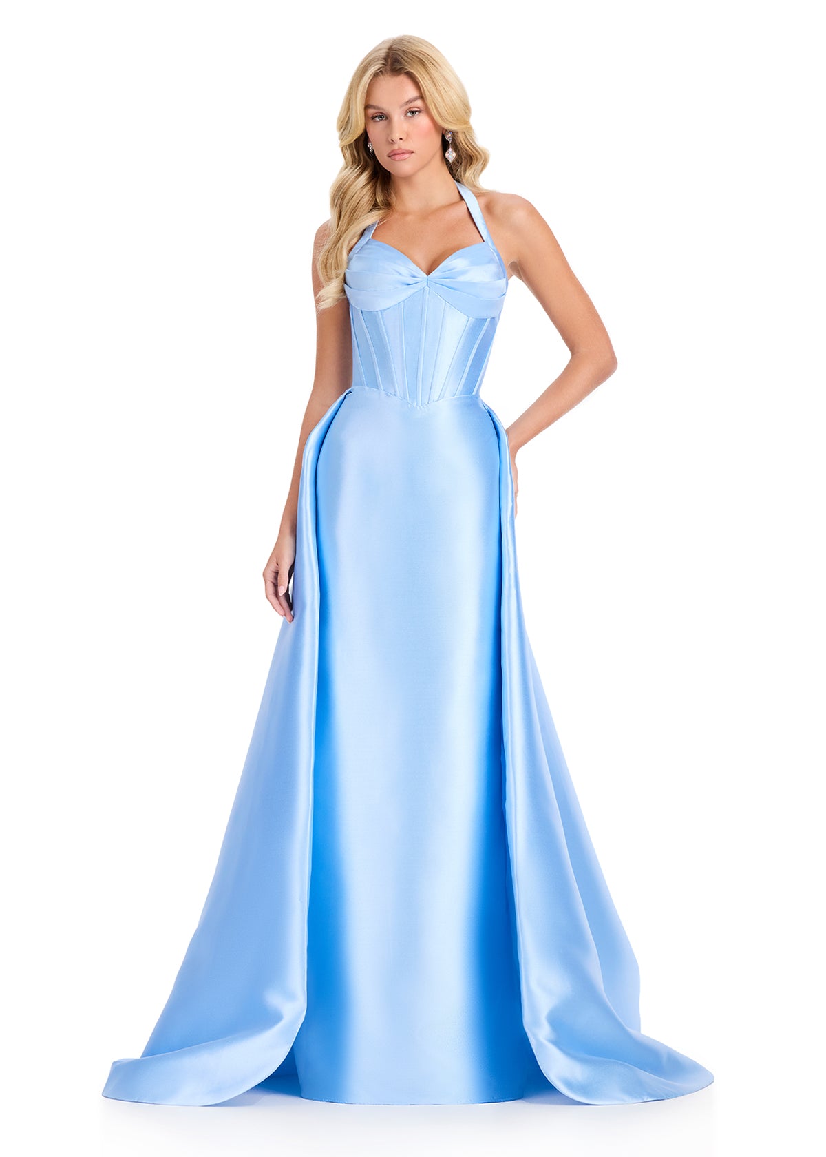 ASHLEYlauren 12430 Gown | Light blue formal full length gown with corset zip up top overskirt 