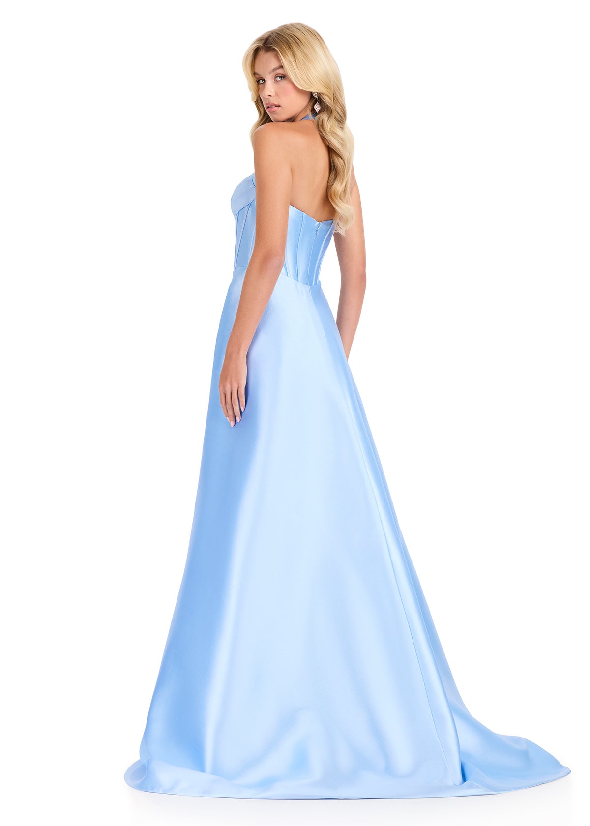 ASHLEYlauren 12430 Gown | Elegant light blue gown with elegant overskirt and stunning corset zip up top 