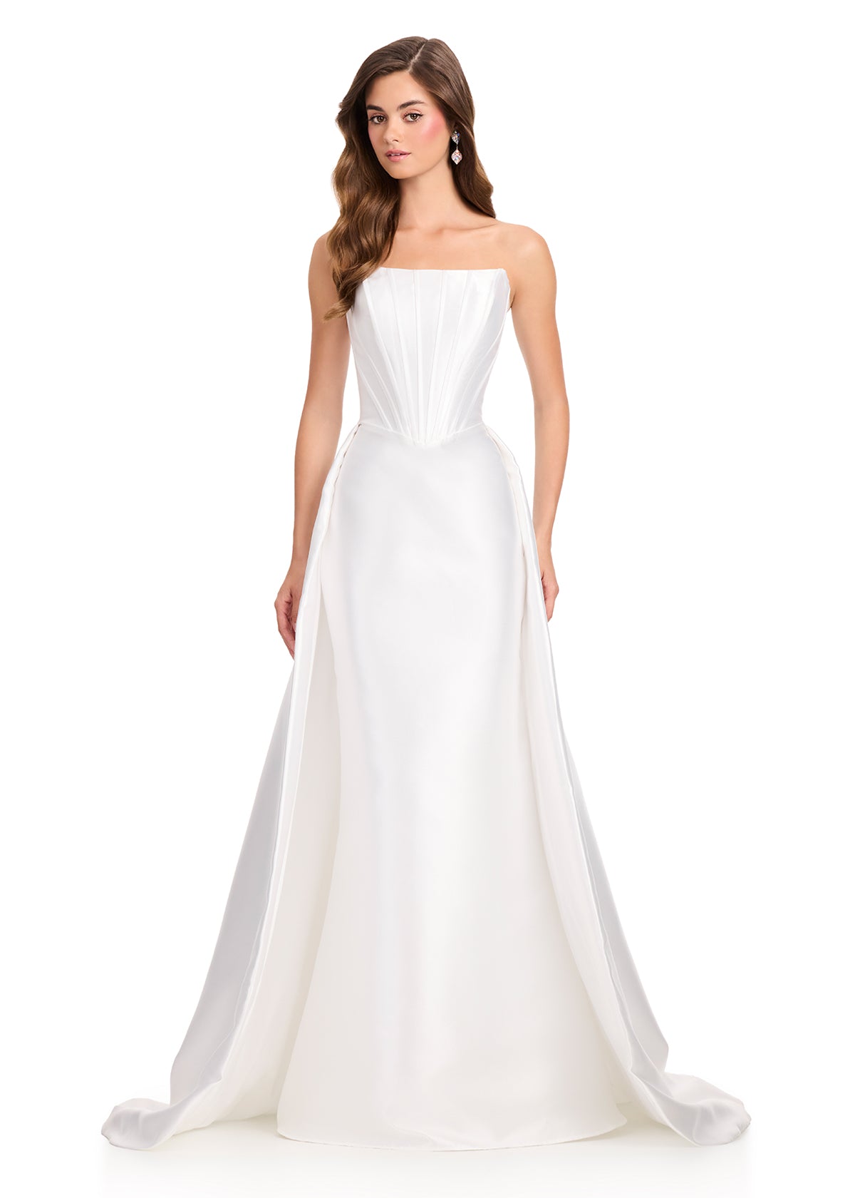 ASHLEYlauren 12431 Gown | Full length evening gown white strapless with stunning overskirt 
