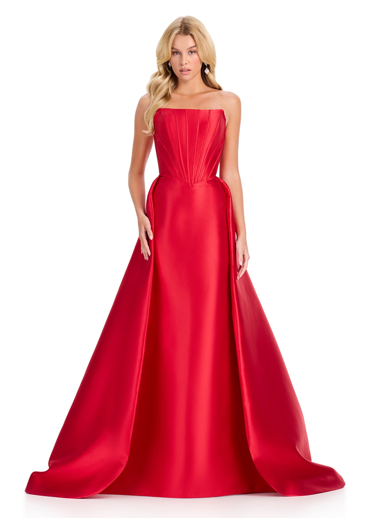 ASHLEYlauren 12431 Gown | Full length beautiful red evening gown with long overskirt 