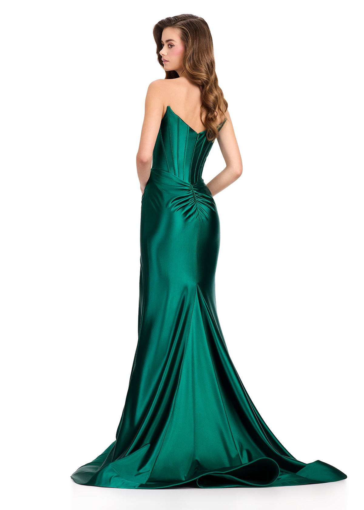 ASHLEYlauren 12432 Gown | dark green elegant full form fitted strapless dress with stunning synched back 