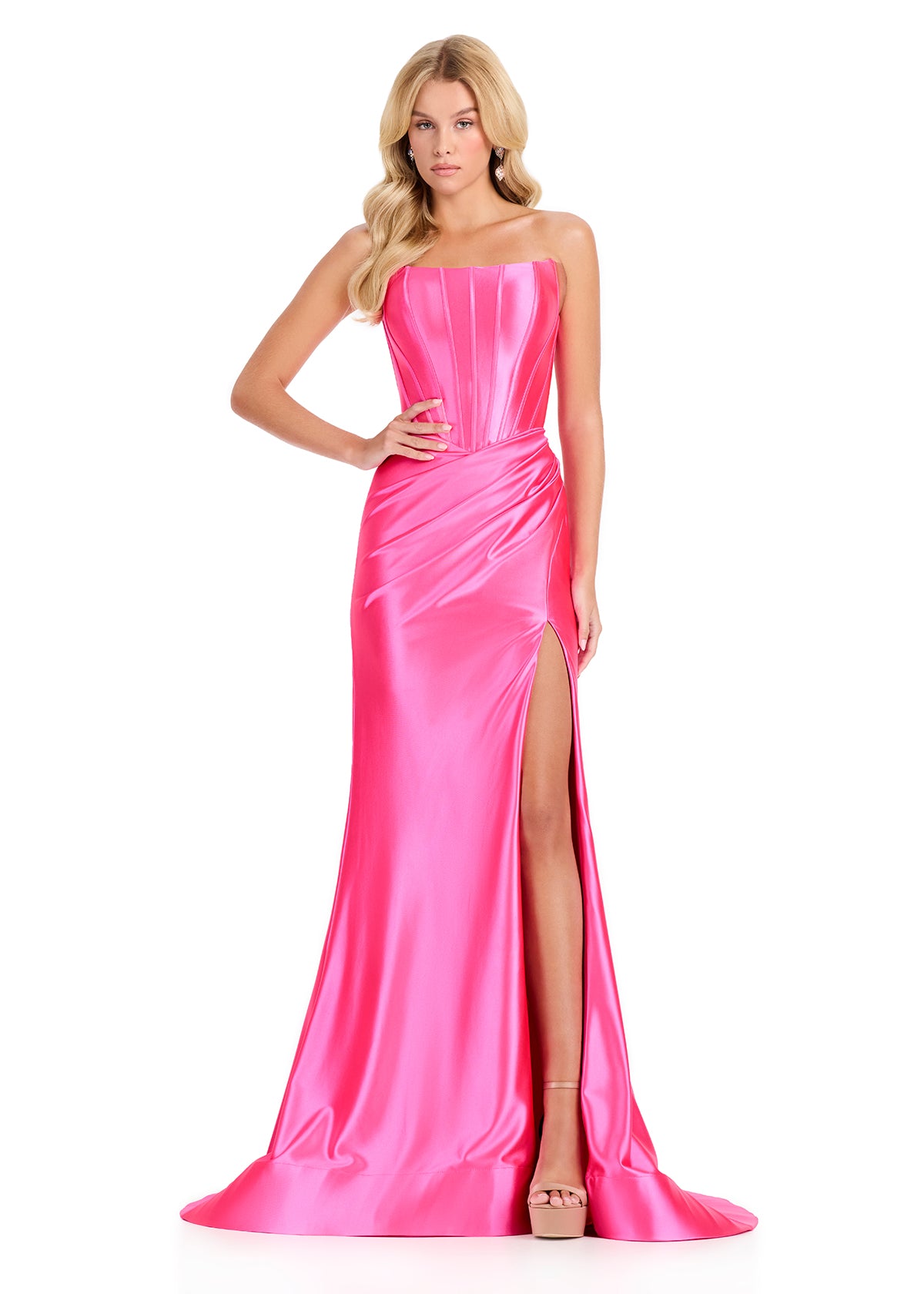 ASHLEYlauren 12432 Gown | Hot pink full length form fitted evening gown synch back strapless