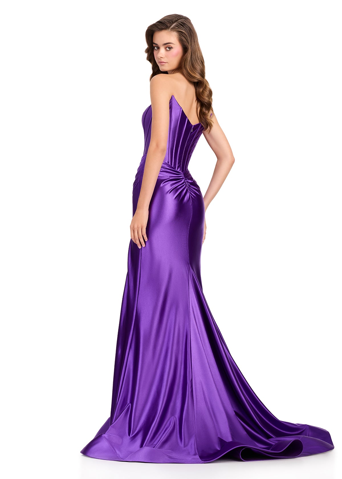 ASHLEYlauren 12432 Gown | Full length purple elegant prom gown with zip up and synch back 