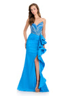 ASHLEYlauren 12435 Gown | Vibrant blue gown with elegant ruffles on the side fully beaded top and strapless