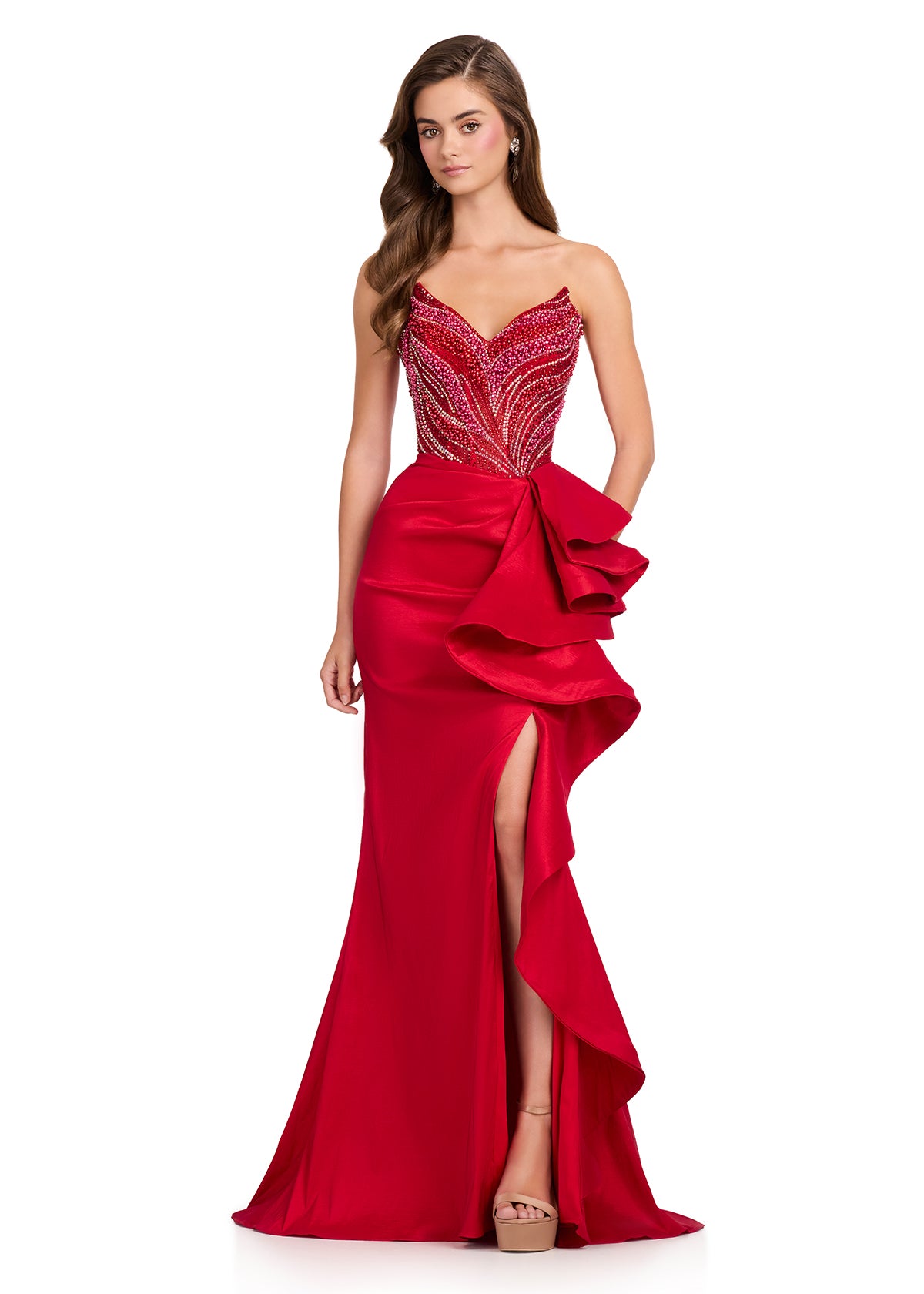 ASHLEYlauren 12435 Gown | stunning red strapless gown with beaded top and strapless ruffles on the side 