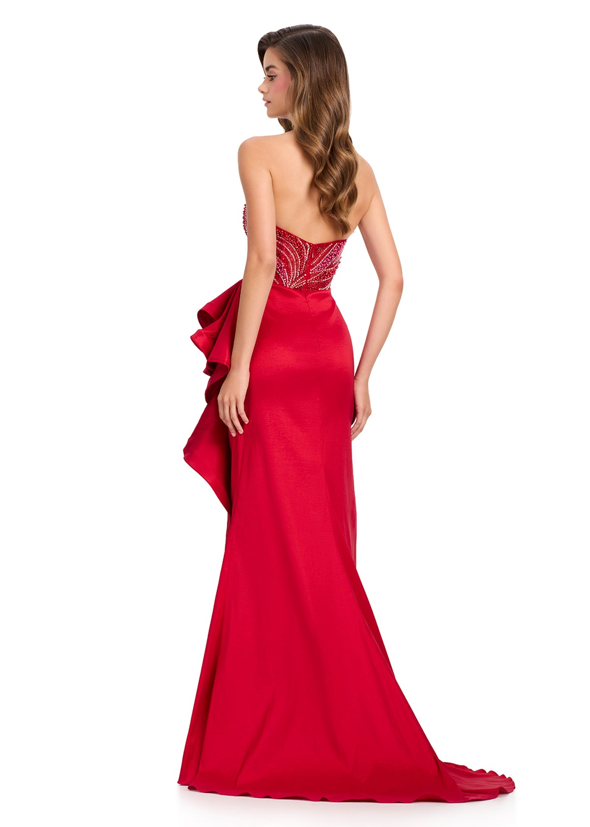 ASHLEYlauren 12435 Gown | Vibrant red formal gown with ruffles on the side beaded top strapless dress