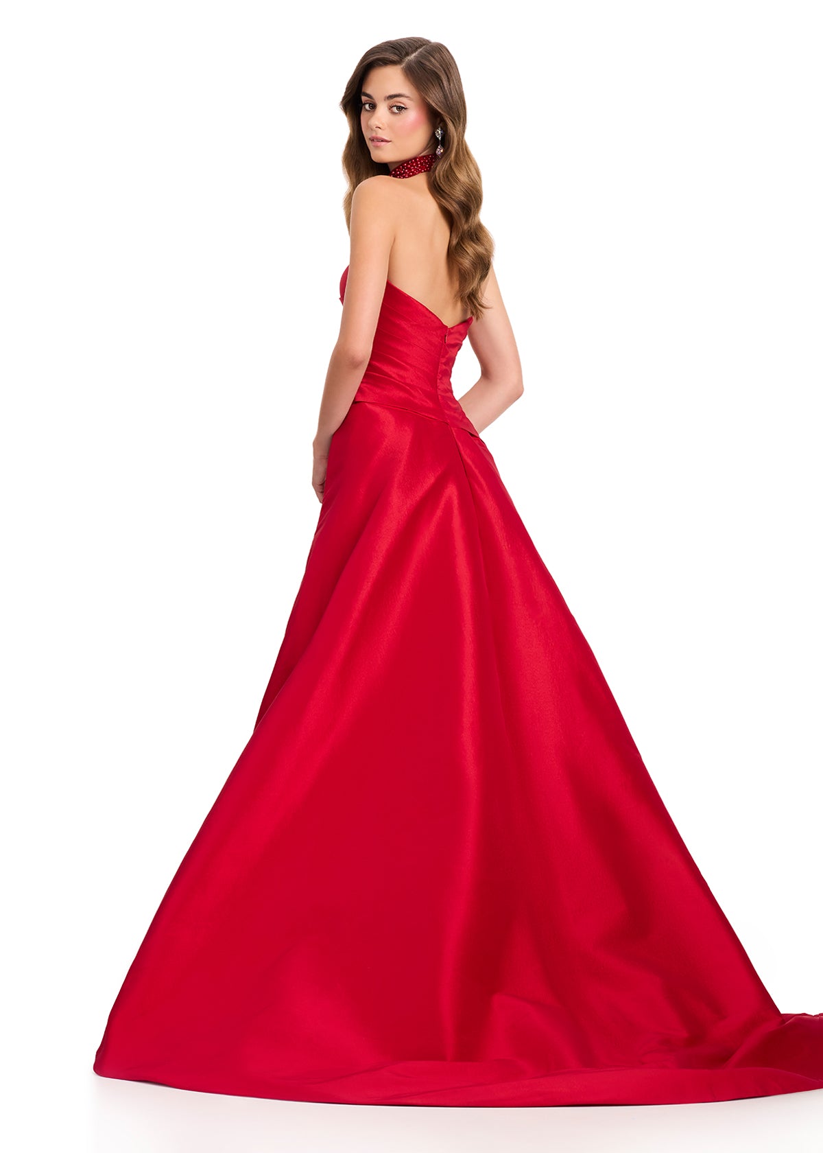 ASHLEYlauren 12436 Gown | Bright red carpet ready red gown with stoning on the bottom elegant overskirt 