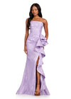 ASHLEYlauren 12437 Gown | Beautiful light purple strapless gown with floral patterns and a side ruffle