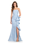 ASHLEYlauren 12437 Gown | Light blue formal dress with floral patterns and a stunning ruffle to the side strapless