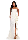ASHLEYlauren 12437 Gown | white strapless mermaid style gown with floral print and a ruffle to the side