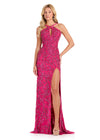 ASHLEYlauren 12438 Gown | Hot pink fully beaded formal evening gown with a sleek, elegant design and side slit.