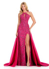 ASHLEYlauren 12438 Gown | Hot pink formal evening gown fully beaded with elegant overskirt 