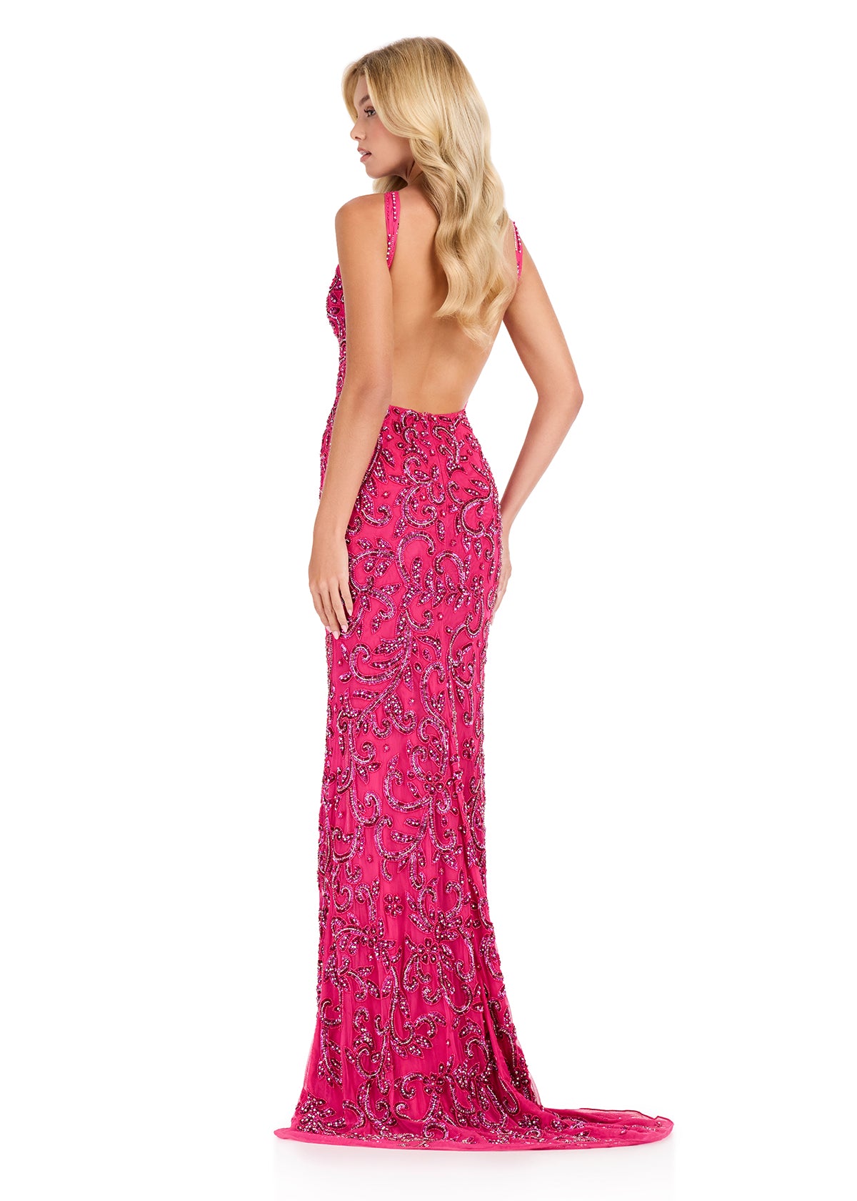 ASHLEYlauren 12438 Gown | Formal full-length hot pink evening gown fully beaded with an open back.