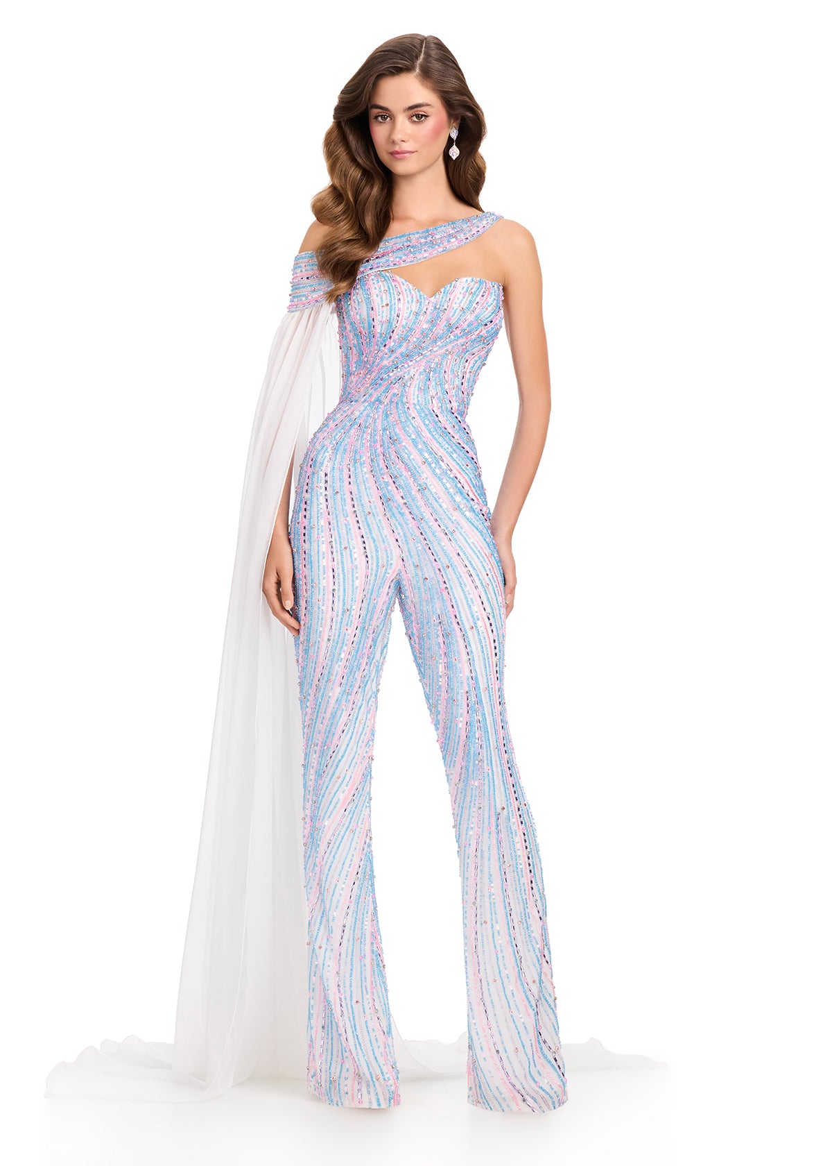 ASHLEYlauren 8287 One-Shoulder Beaded Jumpsuit with Overskirt