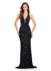ASHLEYlauren 12440 Gown | Formal black beaded evening gown with halter neck