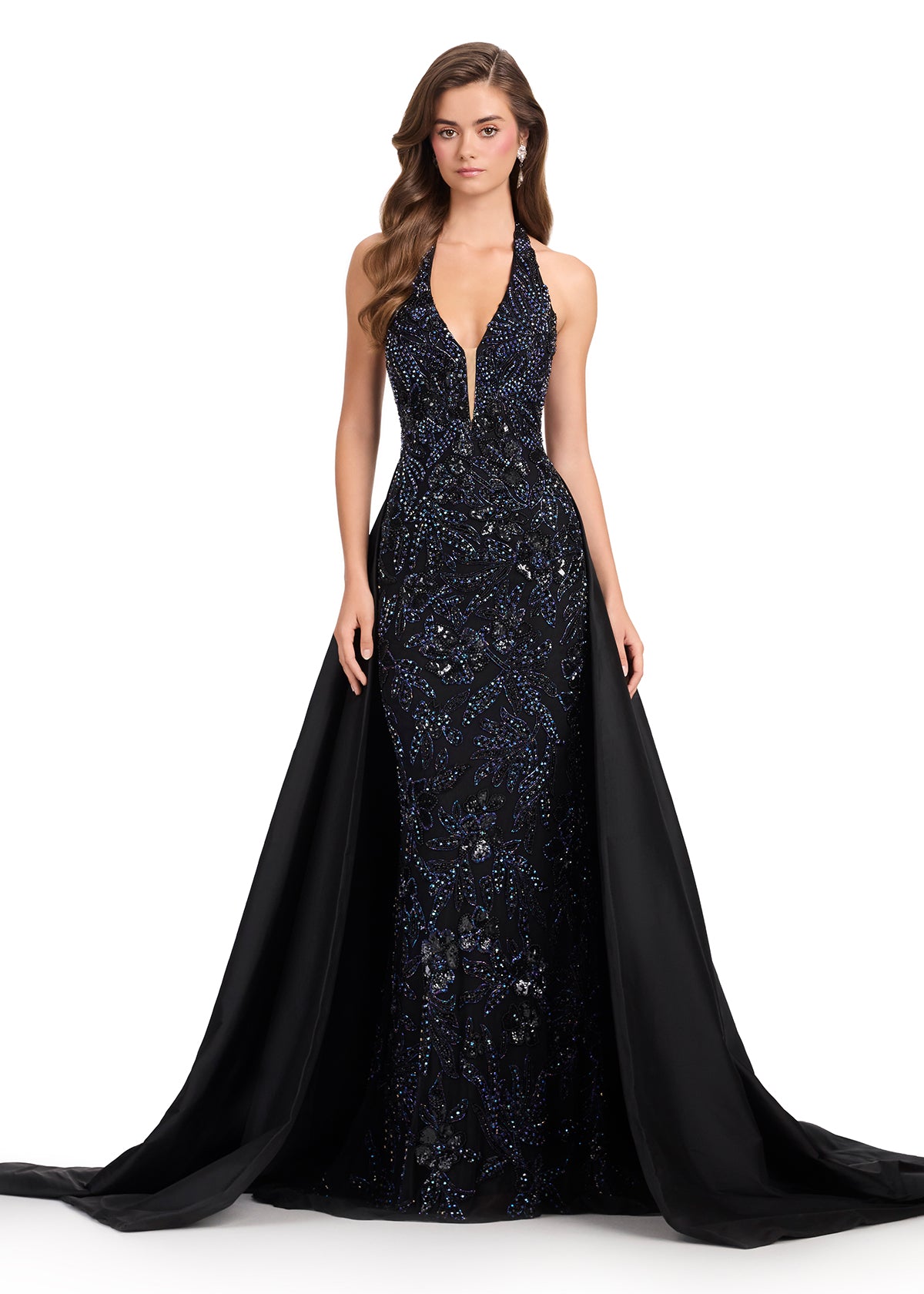 ASHLEYlauren 12440 Gown | Formal black beaded evening with halter neck gown with black overskirt 