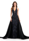 ASHLEYlauren 12440 Gown | Formal black beaded evening with halter neck gown with black overskirt 