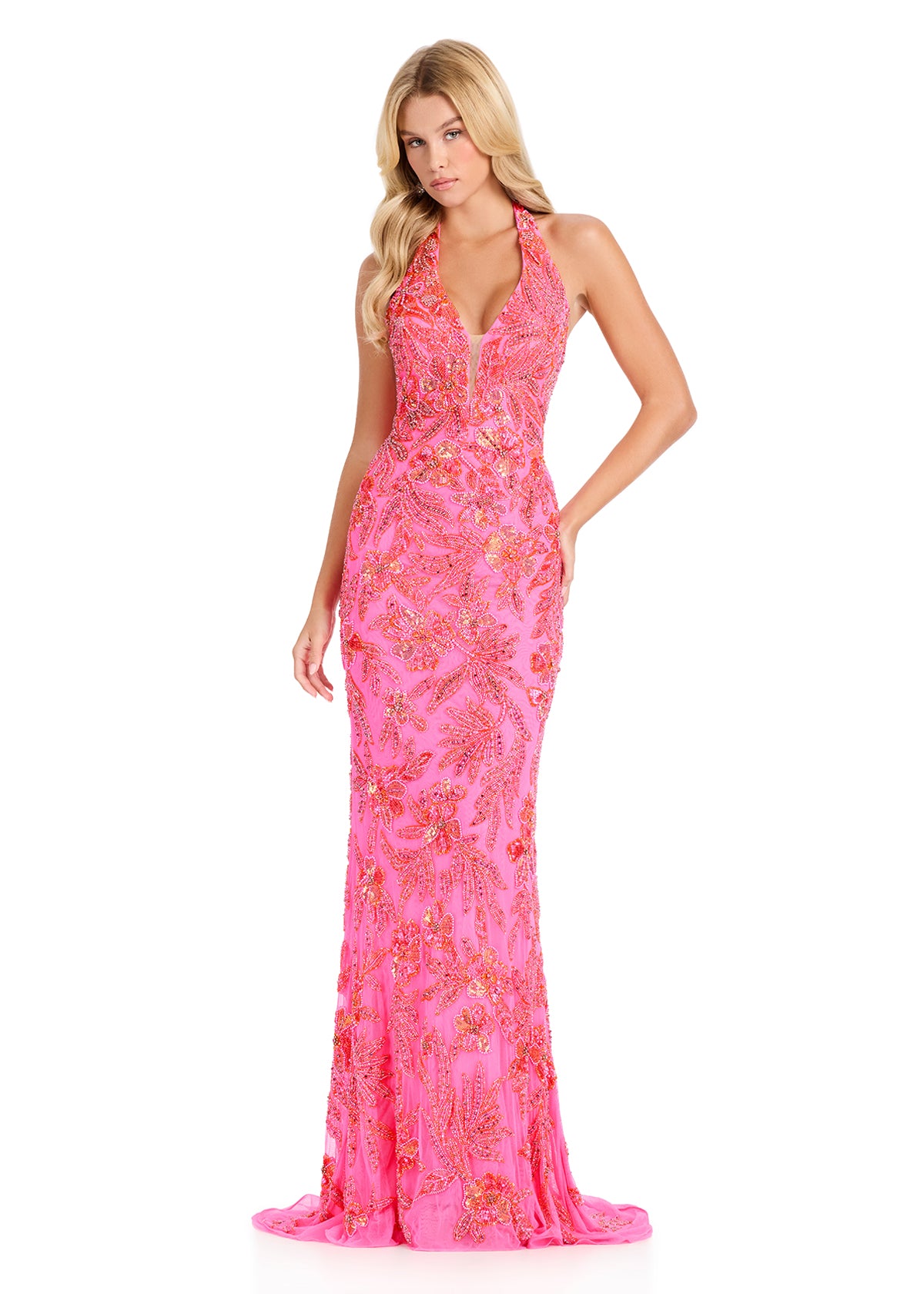 ASHLEYlauren 12440 Gown | Hot pink fully beaded halter-neck gown with a sleek fitted silhouette
