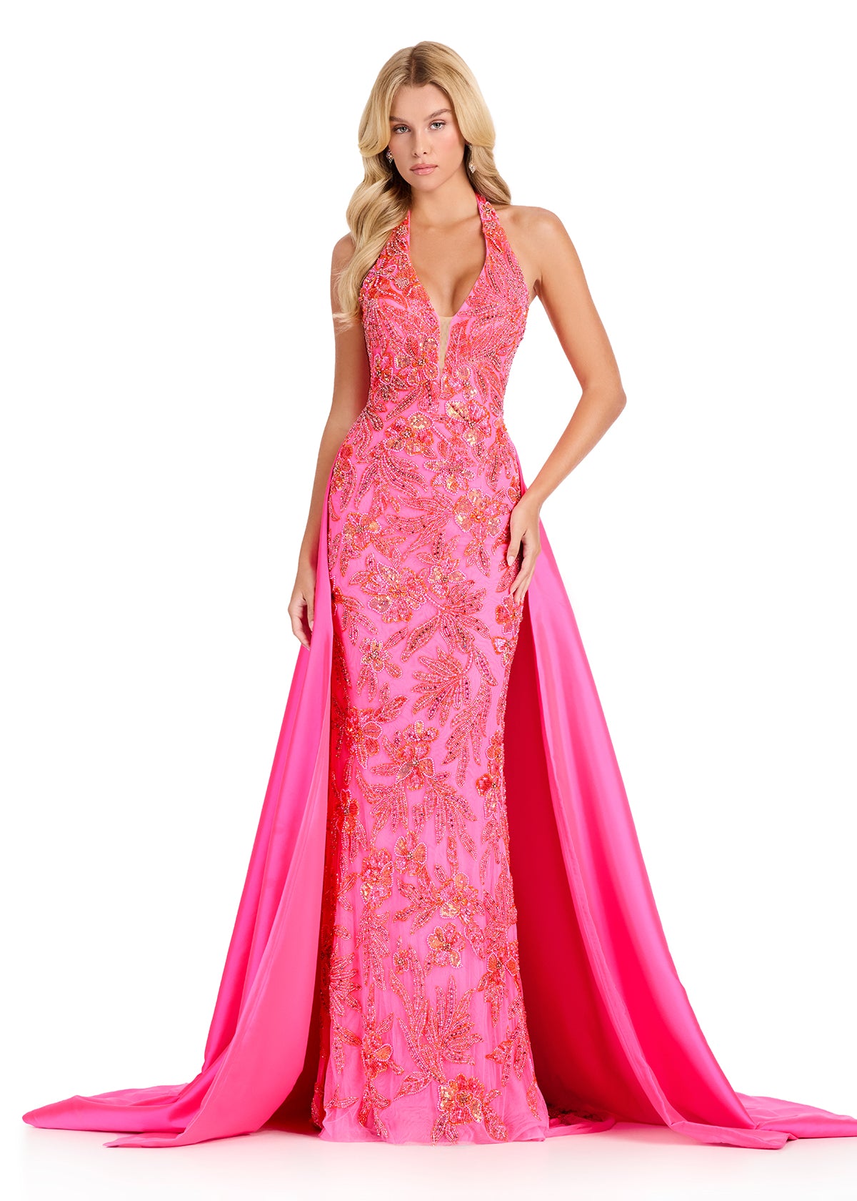 ASHLEYlauren 12440 Gown | Vibrant hot pink fully beaded halter gown with pink overskirt 