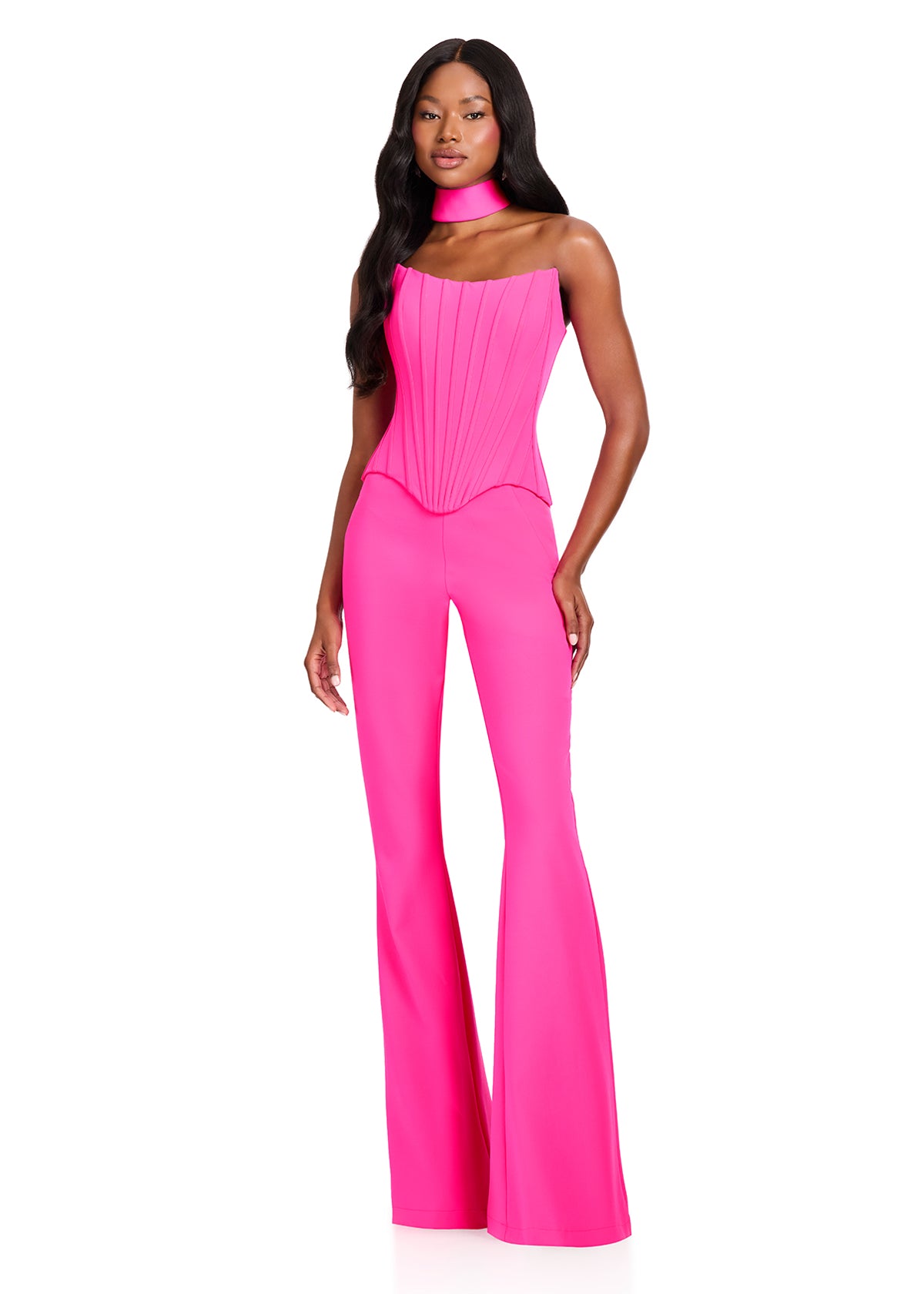 ASHLEYlauren 12441 Pantsuit | Hot pink dazzling pageant interview jumpsuit with choker