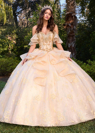 ASHLEYlauren 30102 Gown | Champagne dramatic ball gown with crystal fringe neckline and textured organza layers