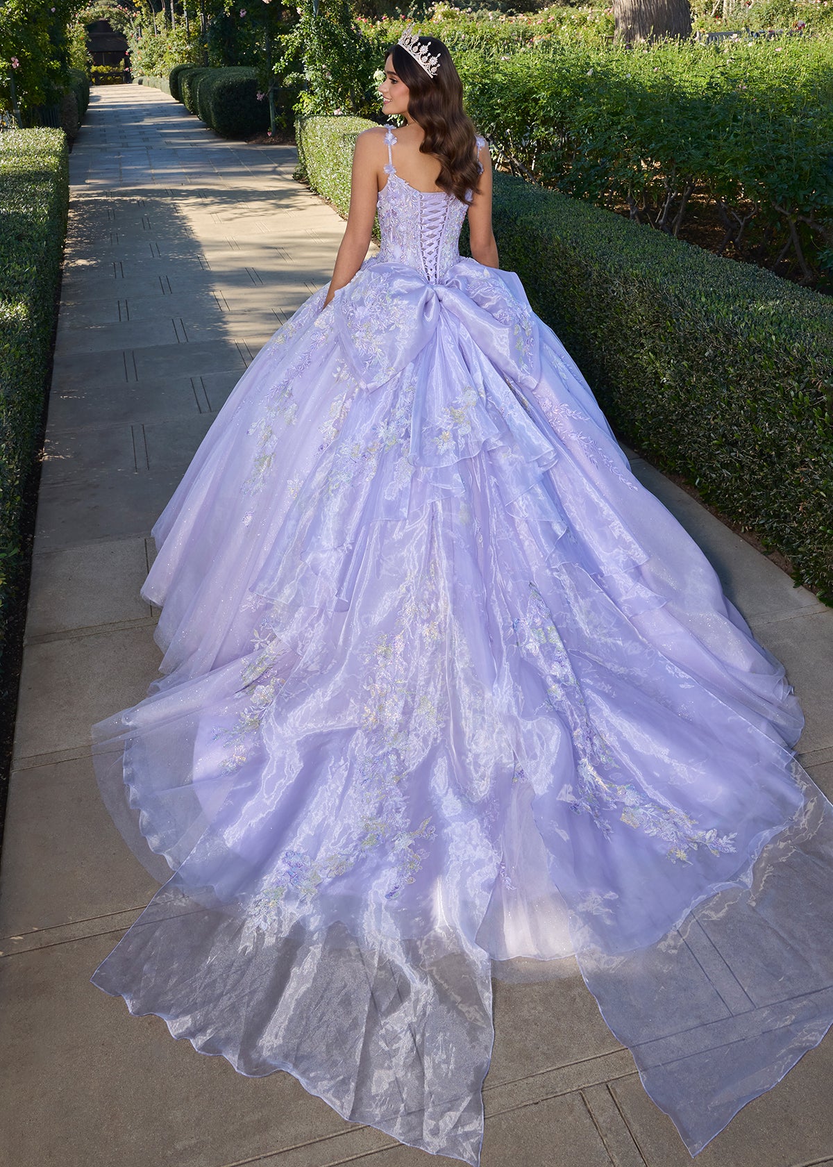 ASHLEYlauren 30107 Lace Organza Ball Gown with Bow Train