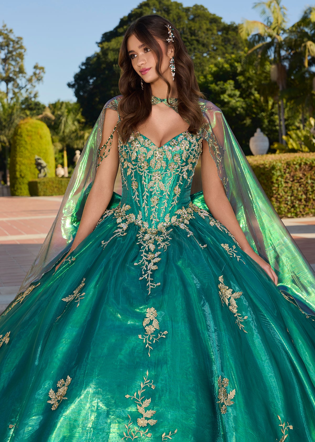 ASHLEYlauren 30114 Metallic Organza Ball Gown with Cape and Bow