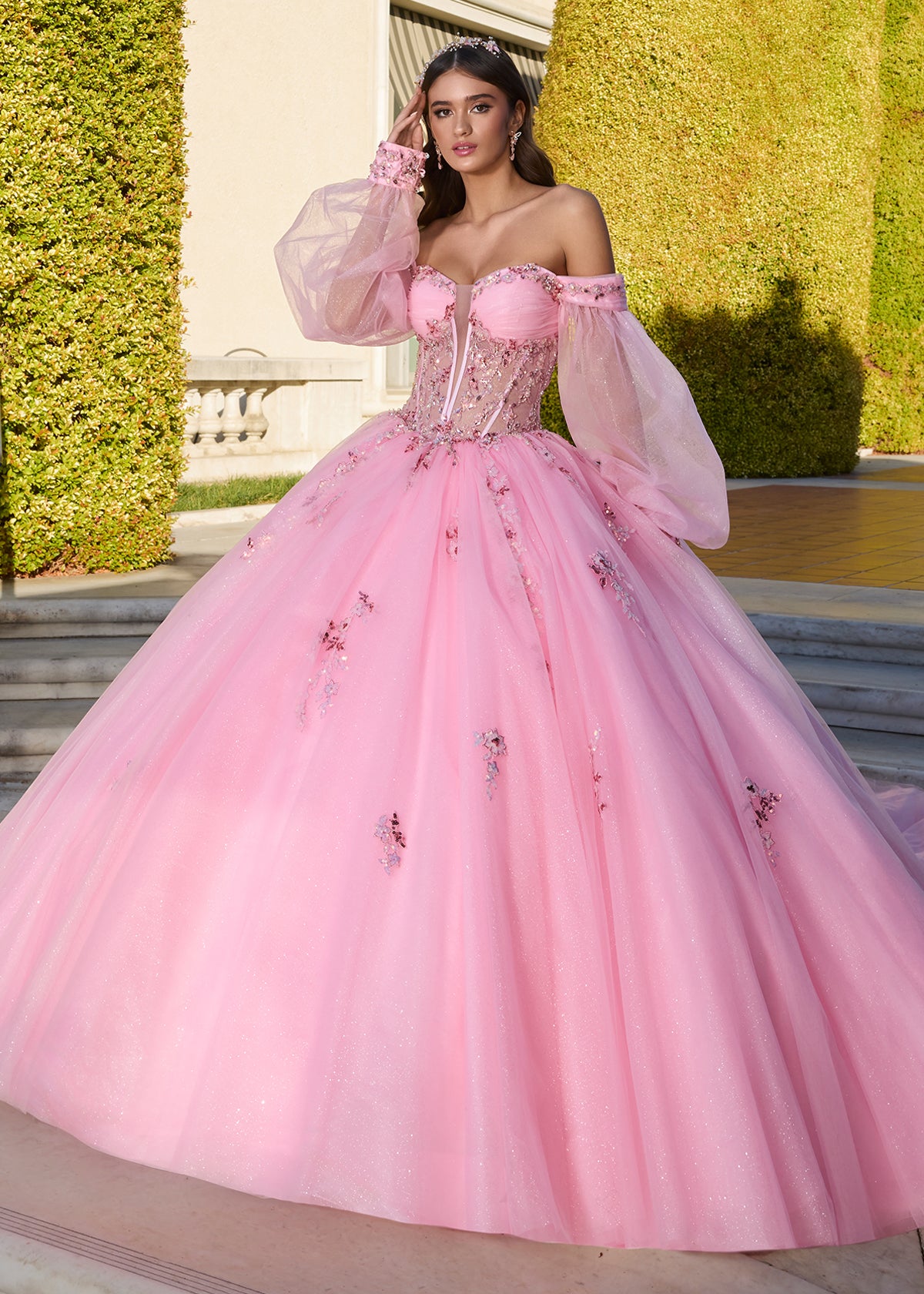 ASHLEYlauren 30116 Strapless Glitter Tulle Ball Gown with Puff Sleeves