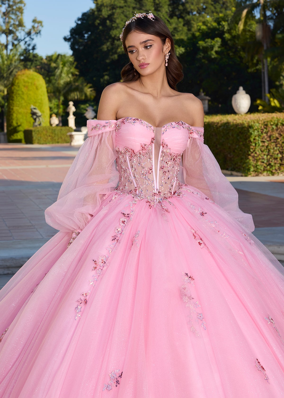 ASHLEYlauren 30116 Strapless Glitter Tulle Ball Gown with Puff Sleeves