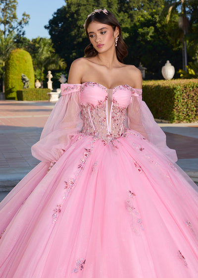 ASHLEYlauren 30116 Gown | Pink glitter tulle ball gown with sheer corset and removable peasant sleeves