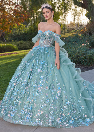 ASHLEYlauren 30120 Gown | Sage fairytale ball gown with sheer corset and cascading tulle ruffles