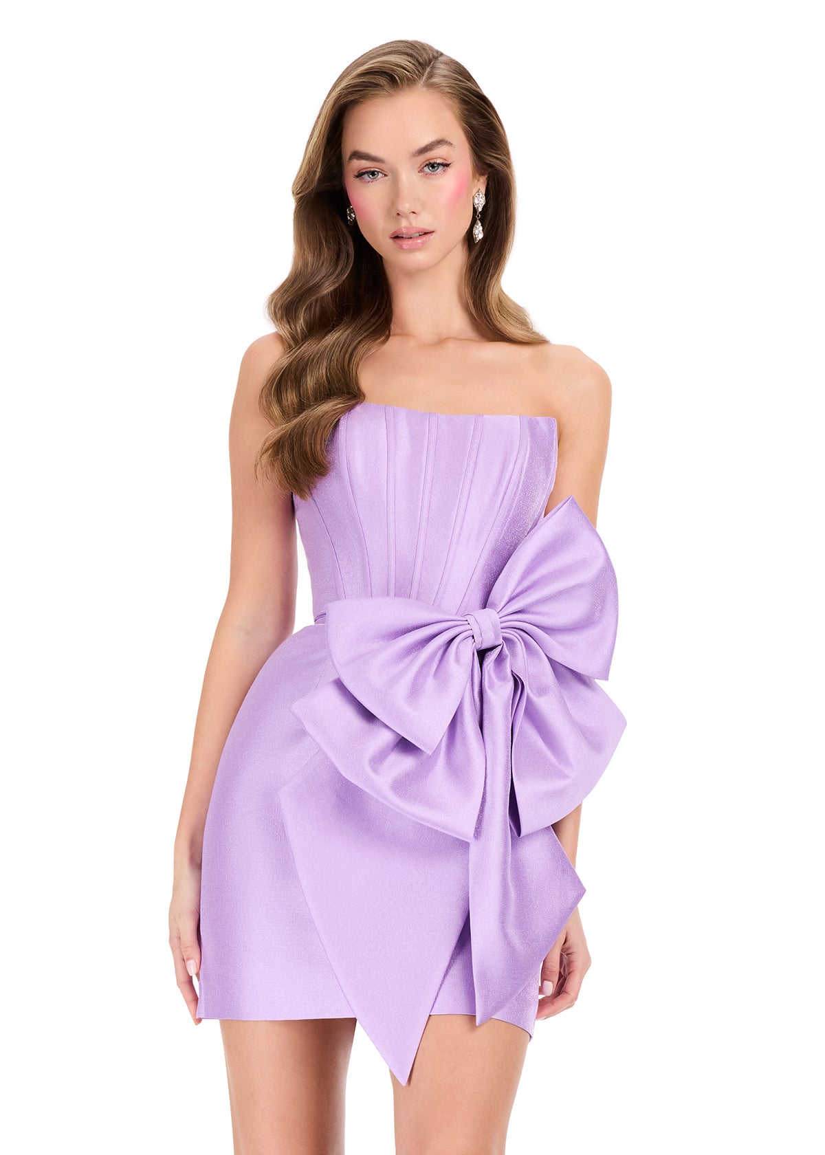 ASHLEYlauren 40015 Gown | Orchid strapless structured mini dress with bow on waist