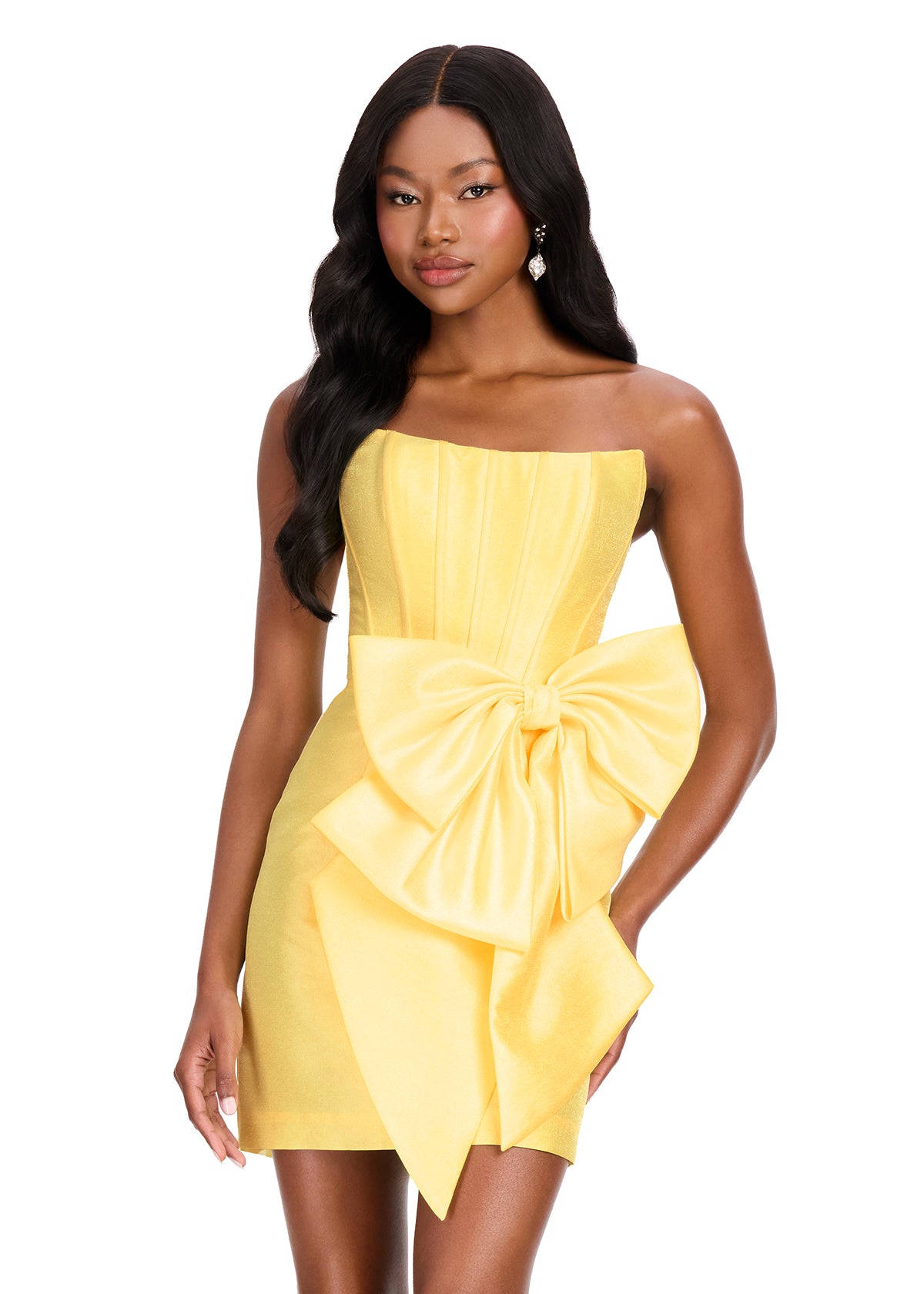 ASHLEYlauren 40015 Gown | Yellow feminine strapless structured mini dress with big bow on waist