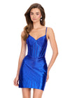 ASHLEYlauren 40020 Gown | Royal unique patterned beaded cocktail dress with v neck and corset