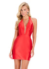 ASHLEYlauren 40026 Gown | Red dramatic deep plunge halter corset cocktail dress with open back and cascading waist ruffle