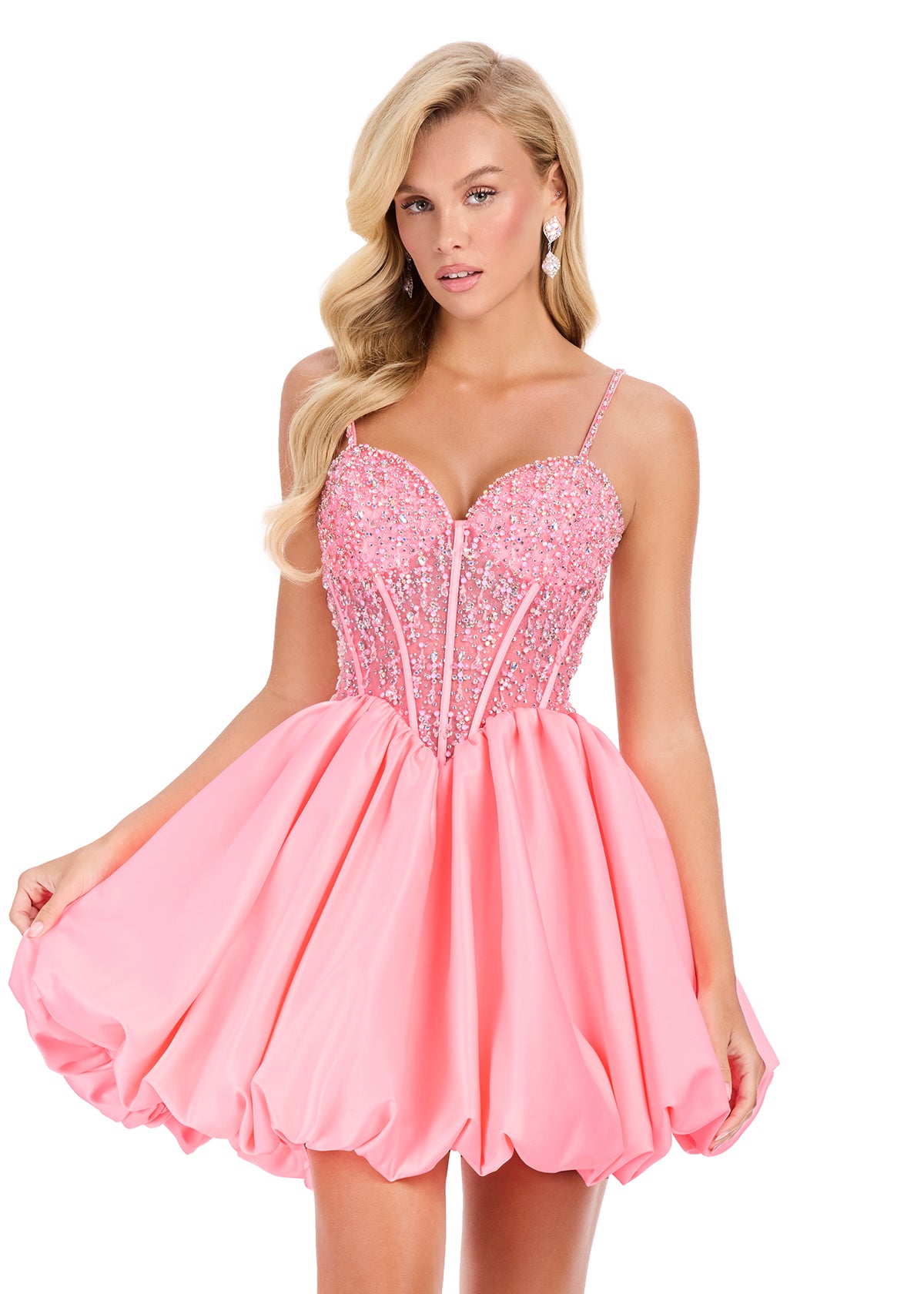 ASHLEYlauren 40032 Gown | Candy Pink beaded sheer sweetheart neckline corset satin cocktail dress