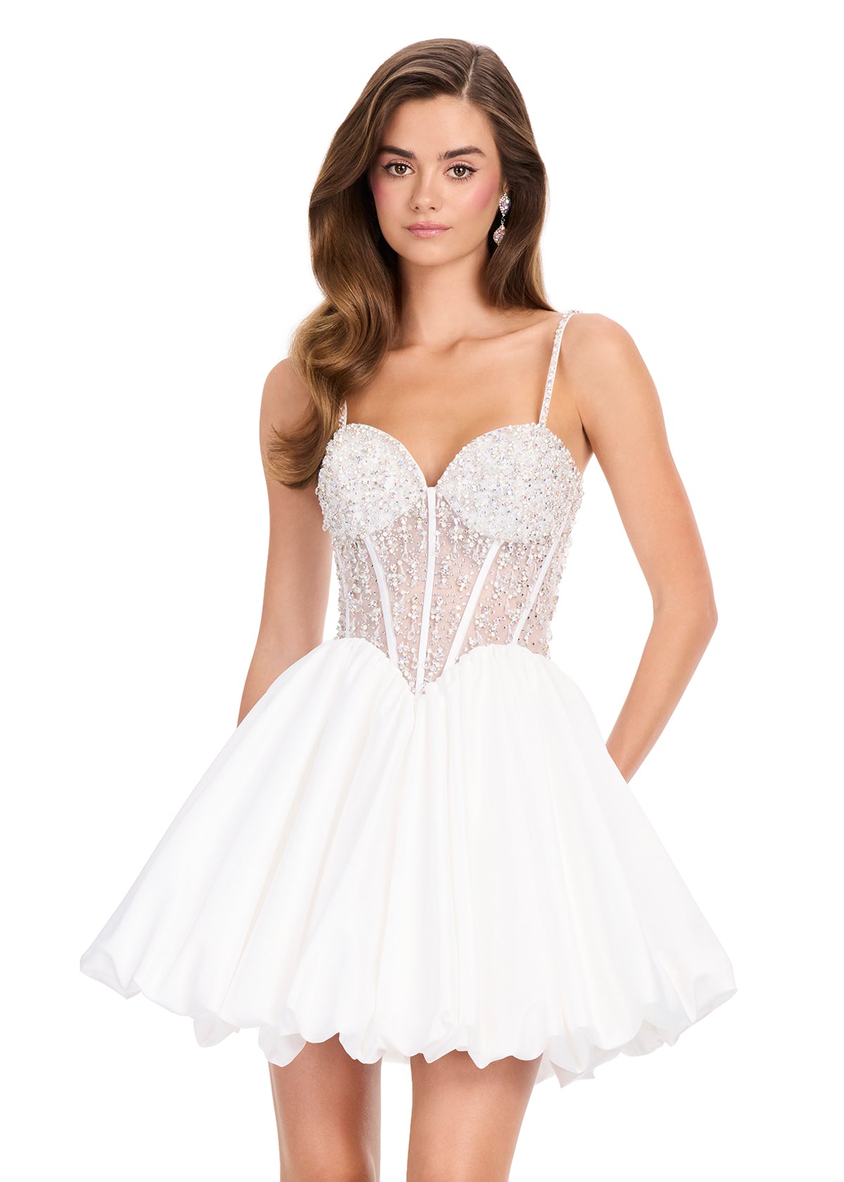ASHLEYlauren 40032 Gown | Ivory darling satin cocktail dress with sweetheart neckline and sheer structured beaded corset