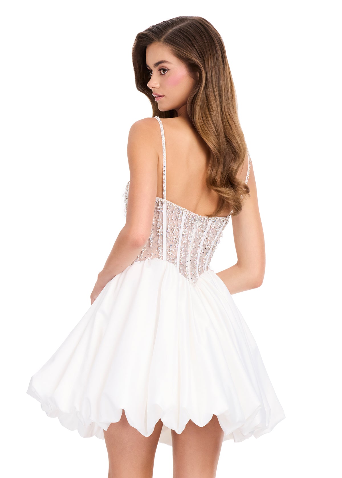 ASHLEYlauren 40032 Gown | Ivory sheer structured beaded sweetheart neckline satin cocktail dress