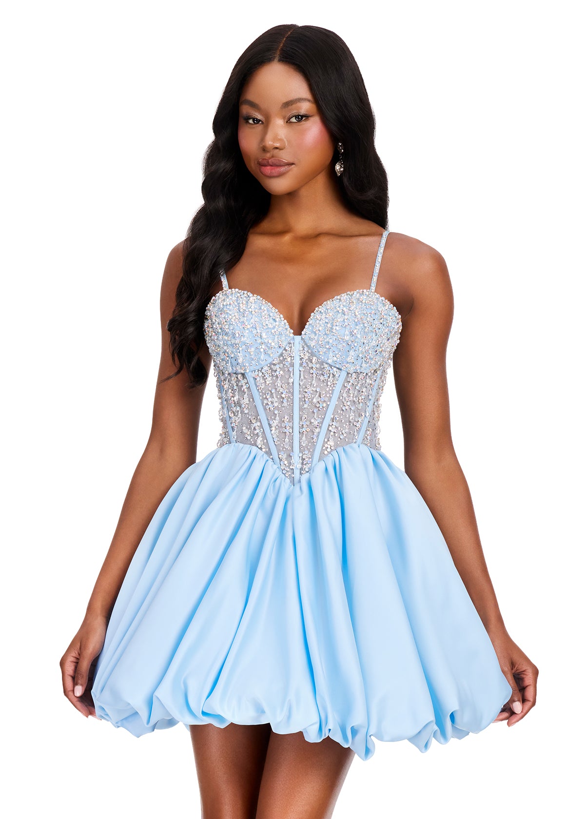 ASHLEYlauren 40032 Gown | Sky sheer beaded corset sweetheart neckline satin cocktail dress