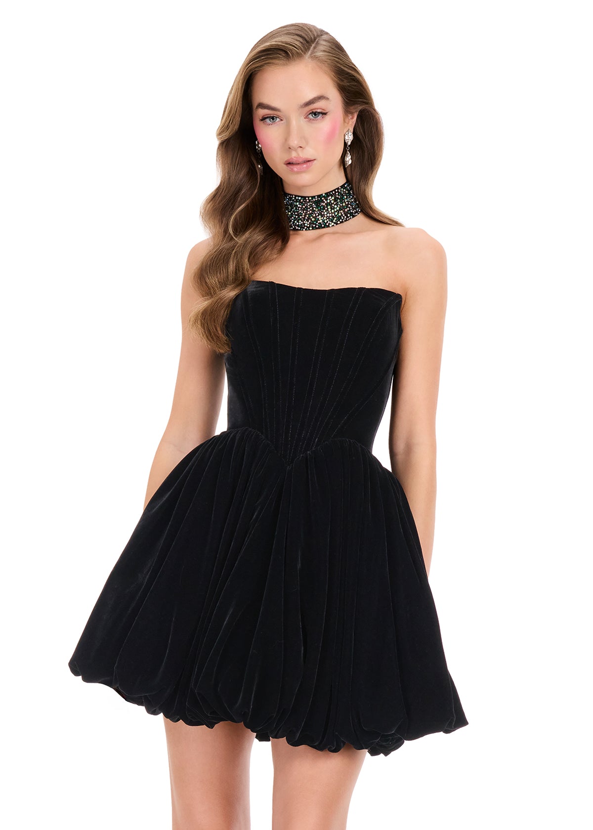 ASHLEYlauren 40033 Gown | Black strapless velvet cocktail dress with beaded collar